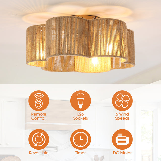 21 Inch Golden Flower-shape Farmhouse Rattan Flush Mount Ceiling Fan with Light APP and Remote Control