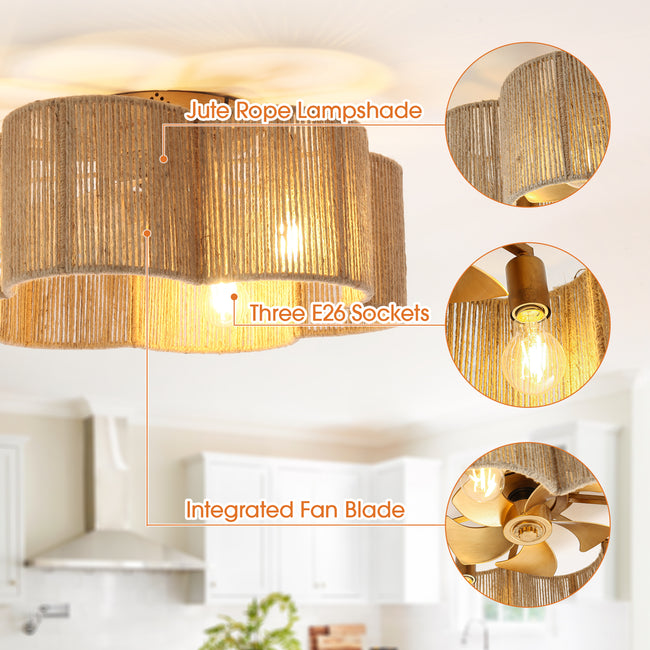 21 Inch Golden Flower-shape Farmhouse Rattan Flush Mount Ceiling Fan with Light APP and Remote Control