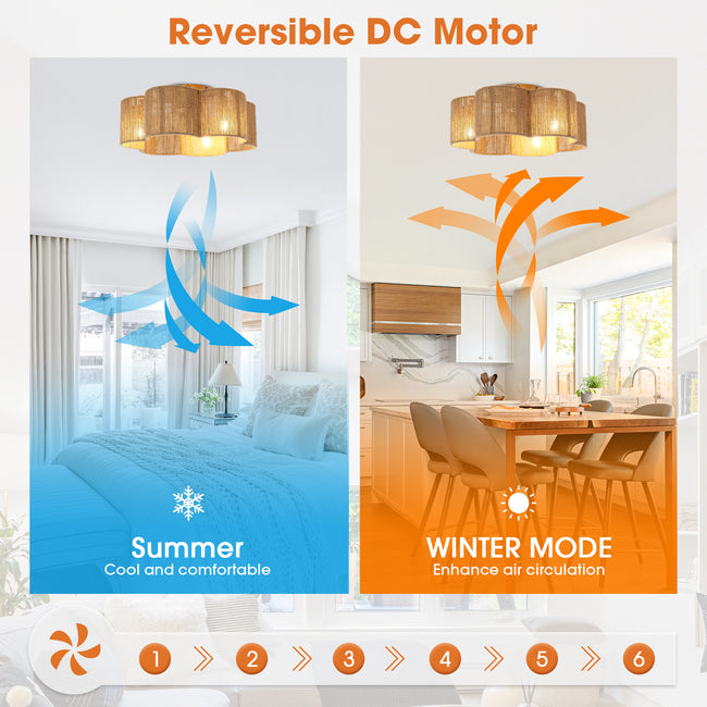 21 Inch Golden Flower-shape Farmhouse Rattan Flush Mount Ceiling Fan with Light APP and Remote Control