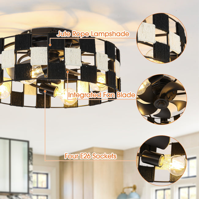 18 Inch Black Industrial Flush Mount Ceiling Fan with Light APP and Remote Control