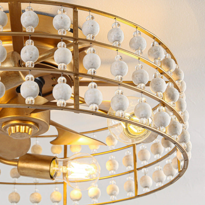 18 Inch Golden Farmhouse Wooden Beads Flush Mount Ceiling Fan with APP and Remote Control