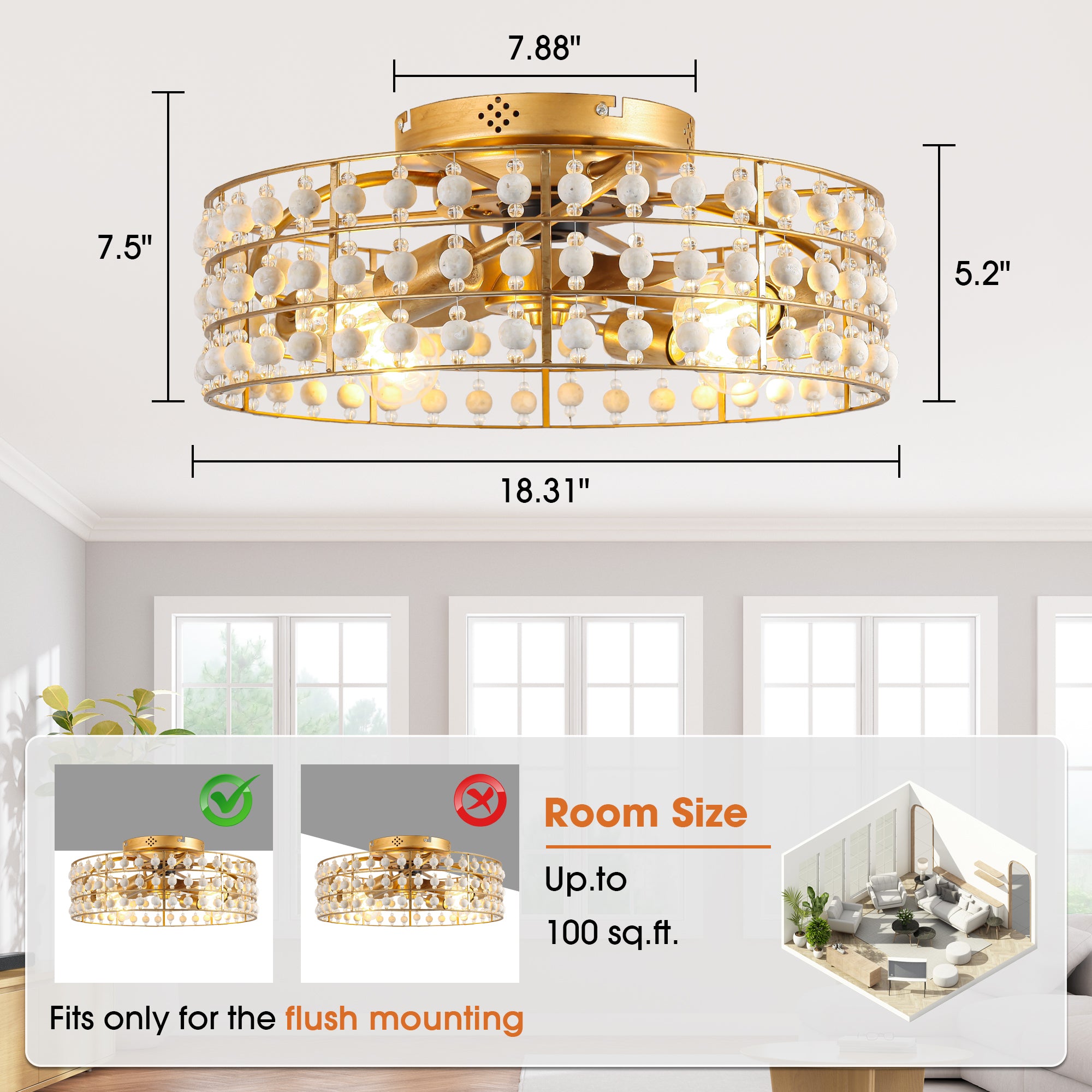 18 Inch Golden Farmhouse Wooden Beads Flush Mount Ceiling Fan with APP and Remote Control