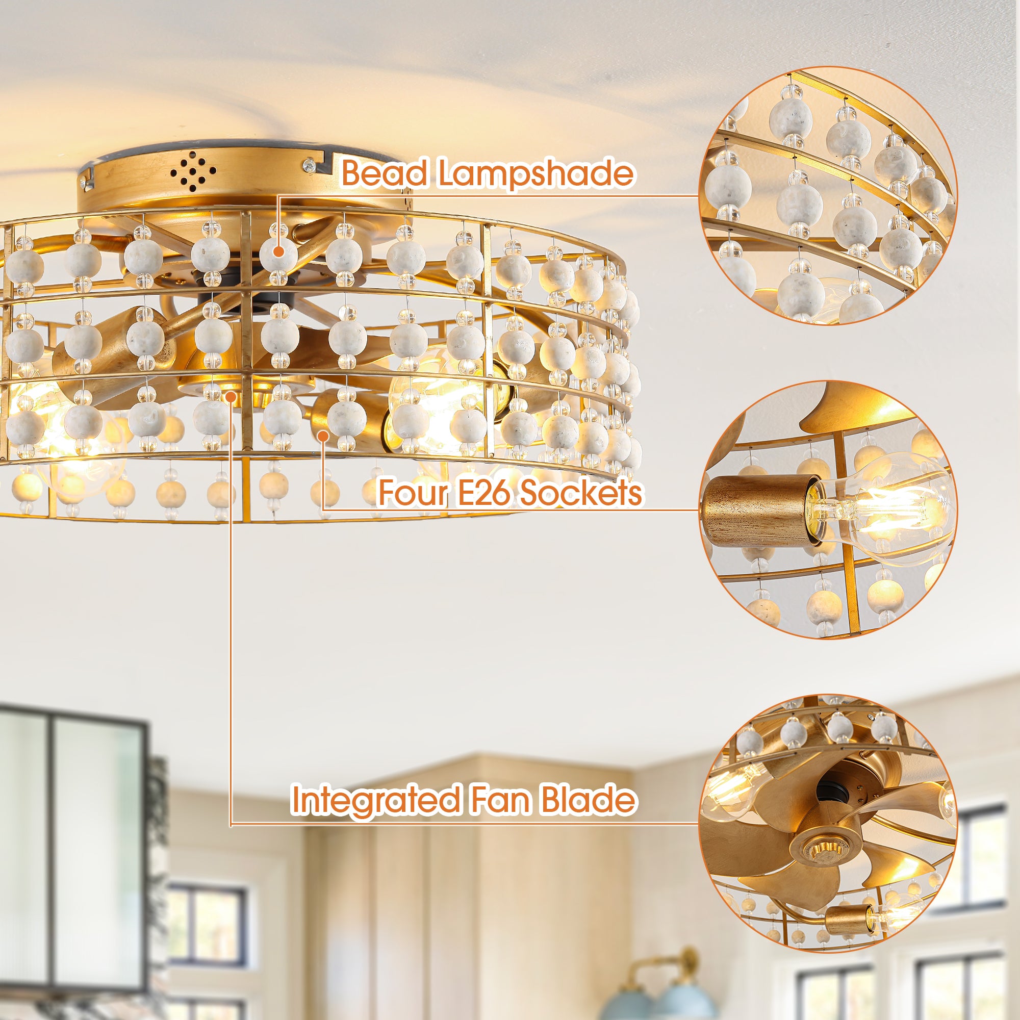 18 Inch Golden Farmhouse Wooden Beads Flush Mount Ceiling Fan with APP and Remote Control