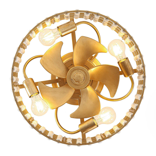 18 Inch Golden Farmhouse Wooden Beads Flush Mount Ceiling Fan with APP and Remote Control