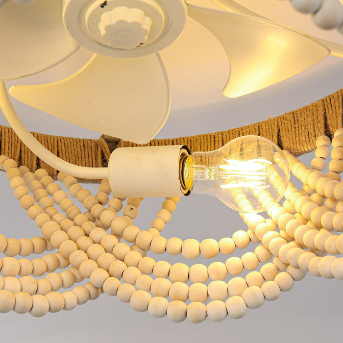 20 Inch White Farmhouse Wooden Beads Flush Mount Ceiling Fan with APP Remote Control and Lighting