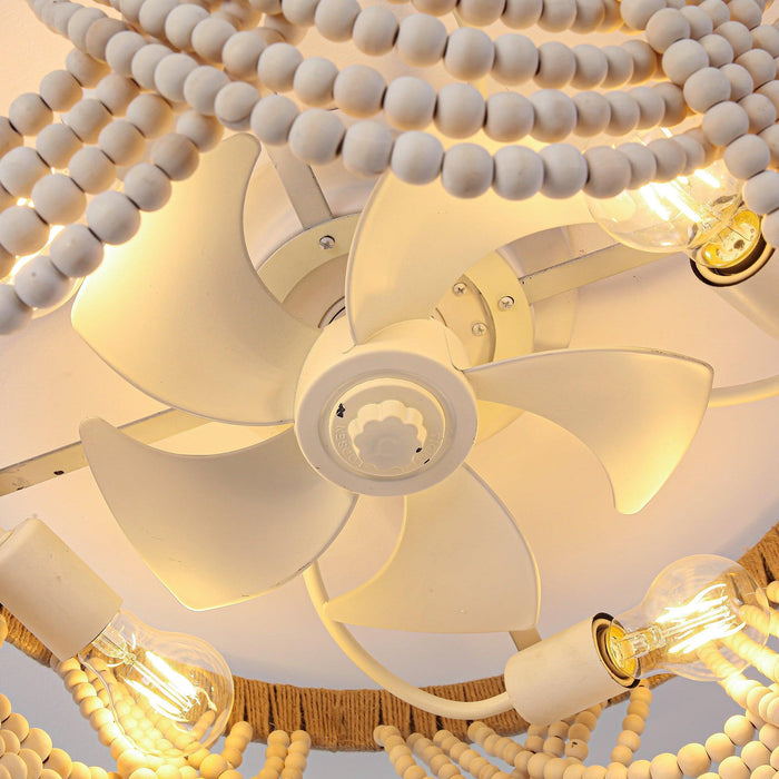 20 Inch White Farmhouse Wooden Beads Flush Mount Ceiling Fan with APP Remote Control and Lighting