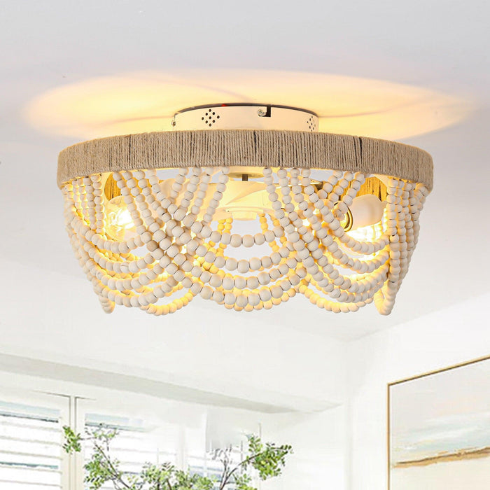 20 Inch White Farmhouse Wooden Beads Flush Mount Ceiling Fan with APP Remote Control and Lighting
