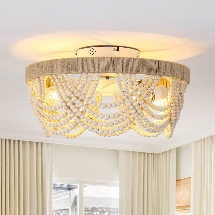 20 Inch White Farmhouse Wooden Beads Flush Mount Ceiling Fan with APP Remote Control and Lighting