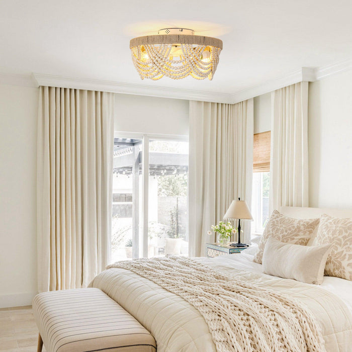 20 Inch White Farmhouse Wooden Beads Flush Mount Ceiling Fan with APP Remote Control and Lighting