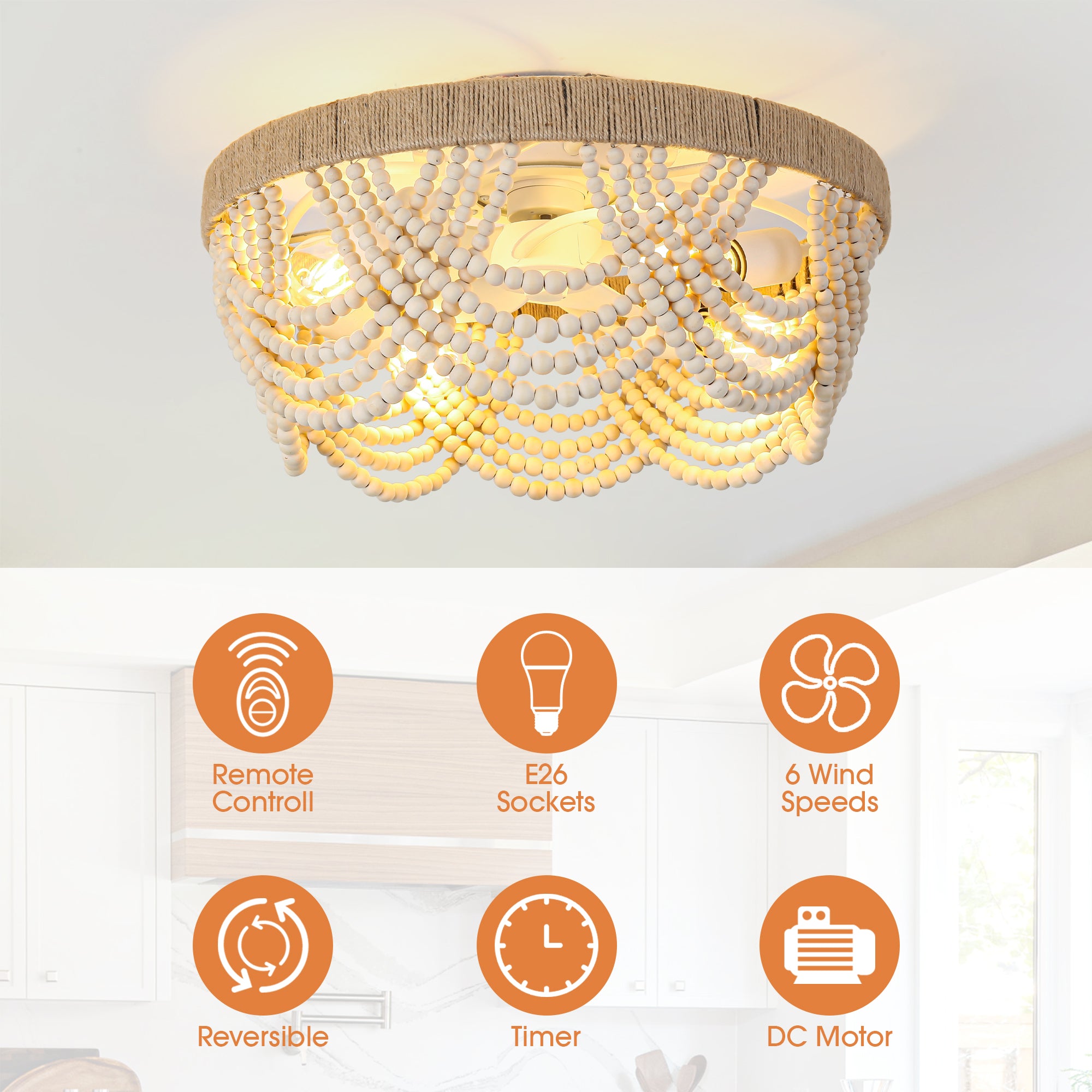 20 Inch White Farmhouse Handmade Wooden Beads Flush Mount Ceiling Fan with APP Remote Control and Lighting