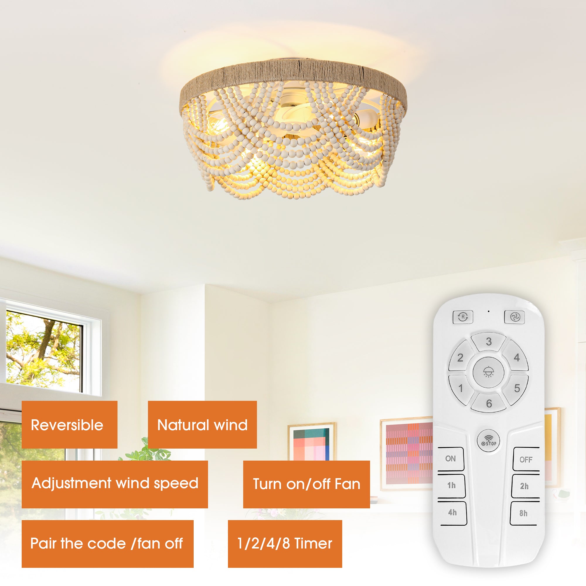 20 Inch White Farmhouse Handmade Wooden Beads Flush Mount Ceiling Fan with APP Remote Control and Lighting