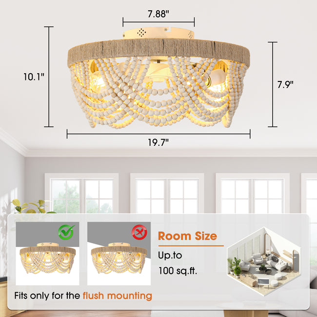 20 Inch White Farmhouse Handmade Wooden Beads Flush Mount Ceiling Fan with APP Remote Control and Lighting