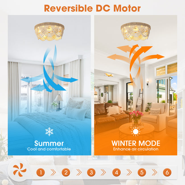 20 Inch White Farmhouse Handmade Wooden Beads Flush Mount Ceiling Fan with APP Remote Control and Lighting