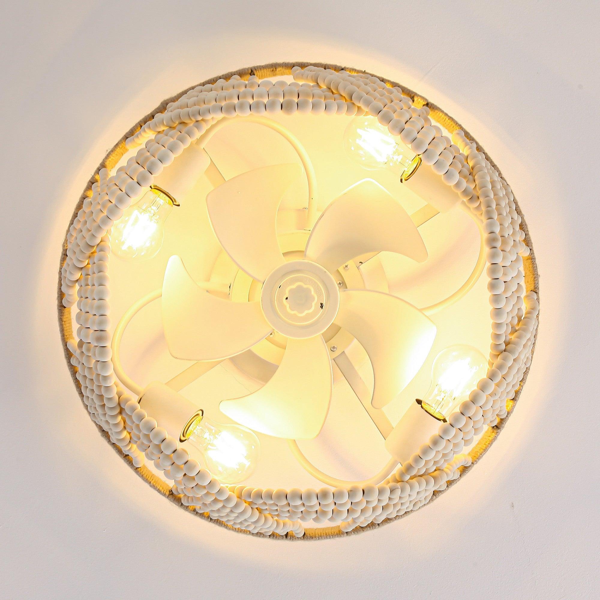 Ventilador de techo empotrado de 20 pulgadas con cuentas de madera de granja blanca, control remoto por aplicación e iluminación.
