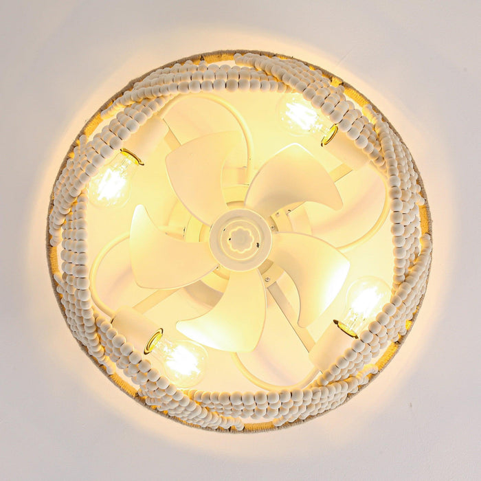 20 Inch White Farmhouse Wooden Beads Flush Mount Ceiling Fan with APP Remote Control and Lighting