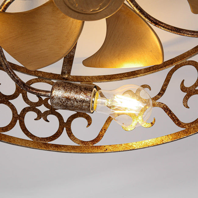 Ventilador de techo industrial dorado de 18 pulgadas con luz empotrada, aplicación y control remoto.