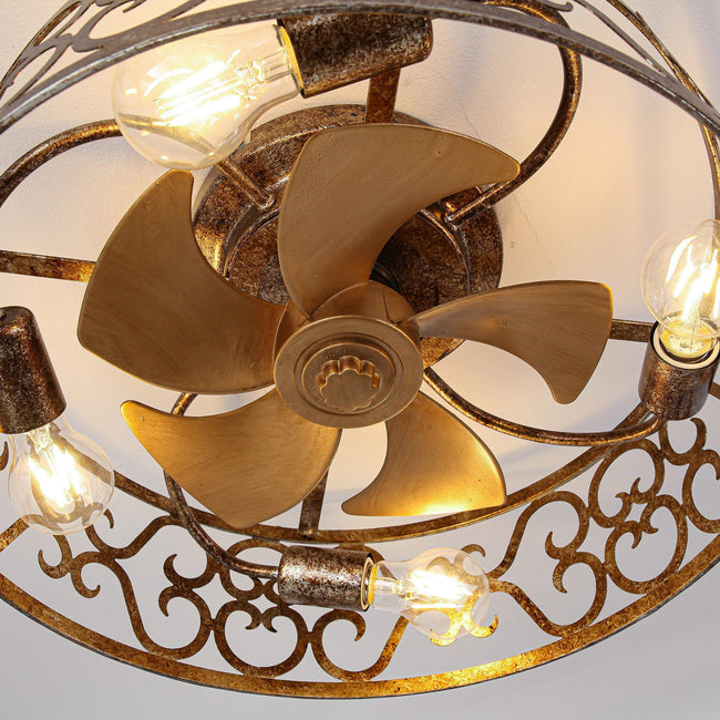 Ventilador de techo industrial dorado de 18 pulgadas con luz empotrada, aplicación y control remoto.
