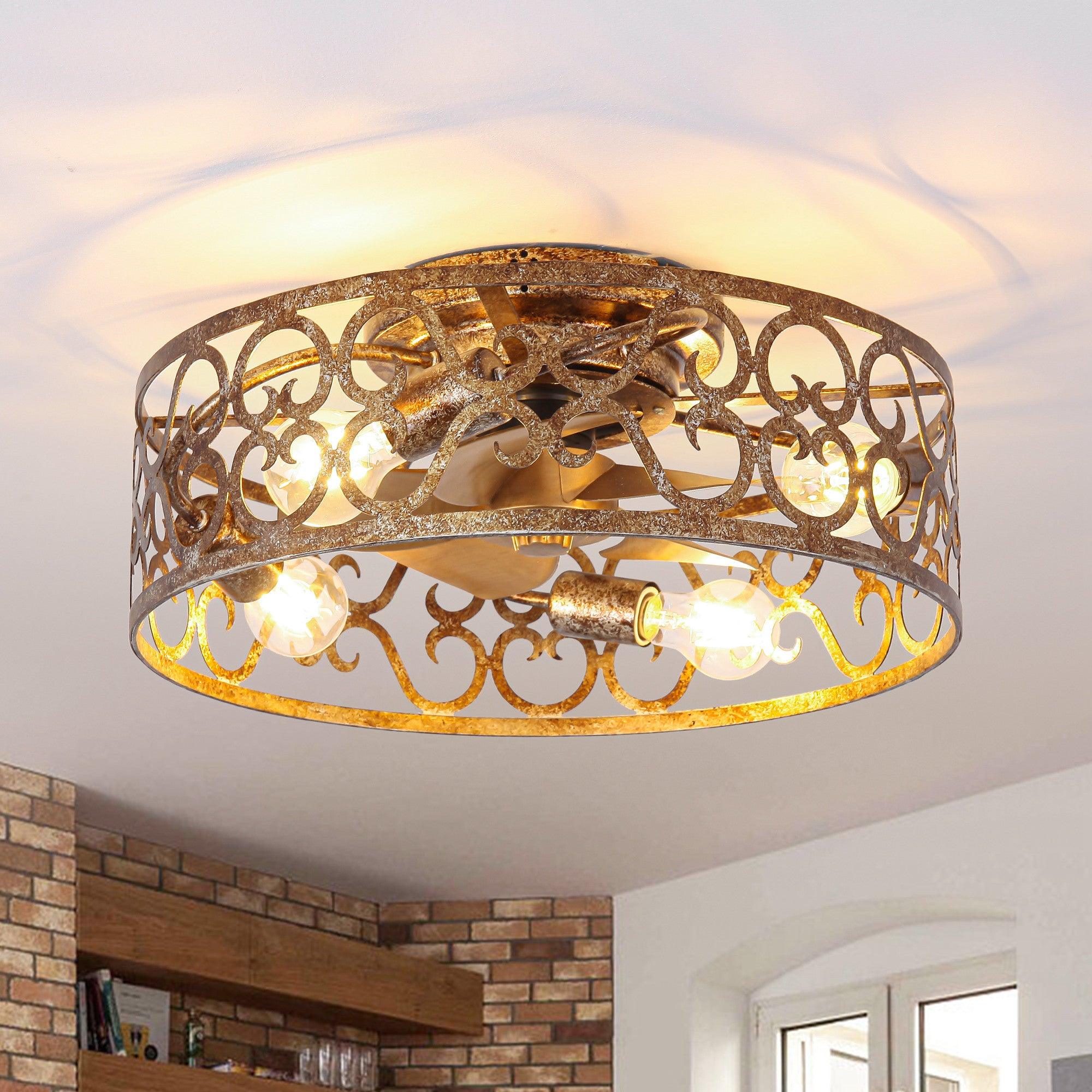 18 Inch Vintage Distressed Golden Industrial Flush Mount Ceiling Fan with Light APP and Remote Control