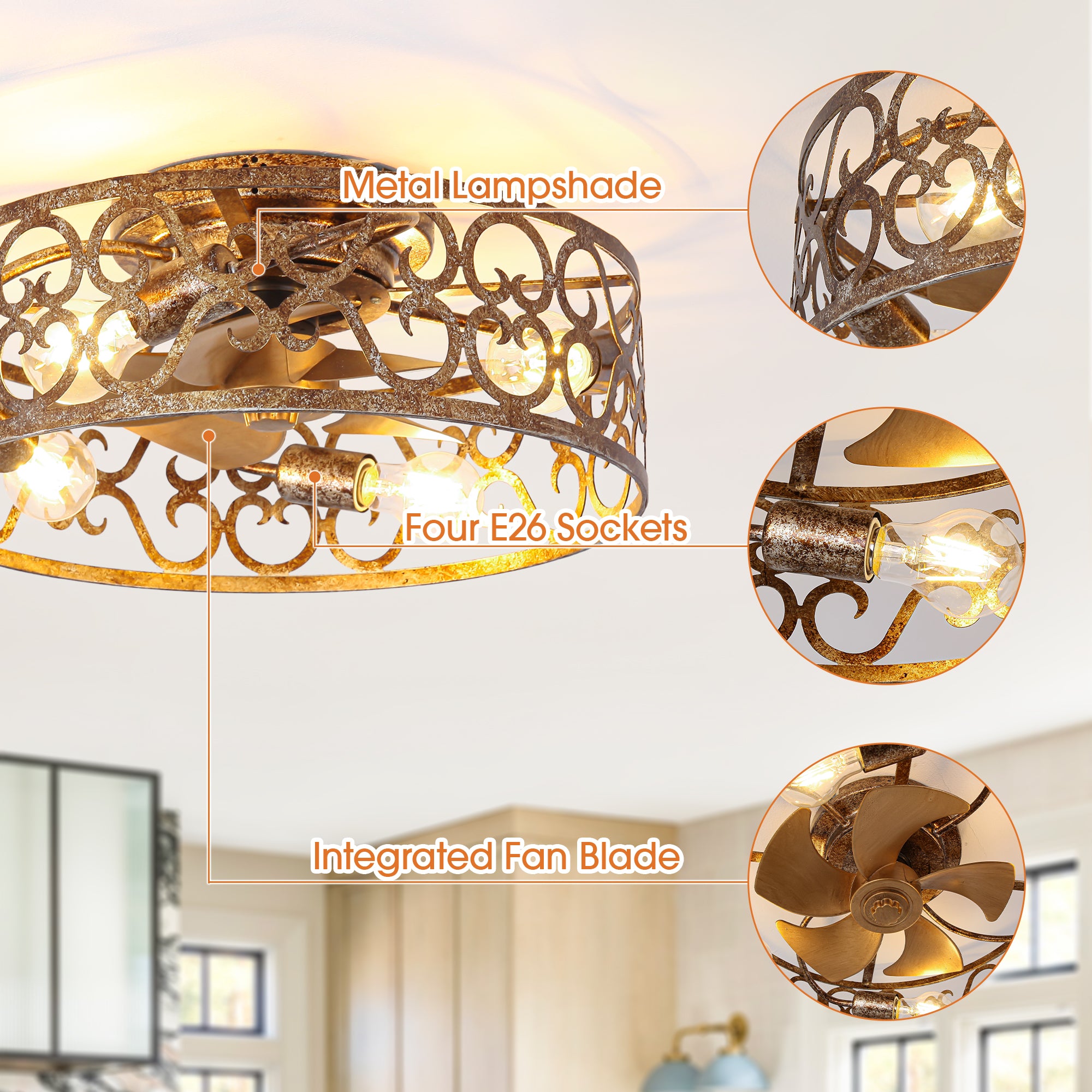 18 Inch Vintage Distressed Golden Industrial Flush Mount Ceiling Fan w