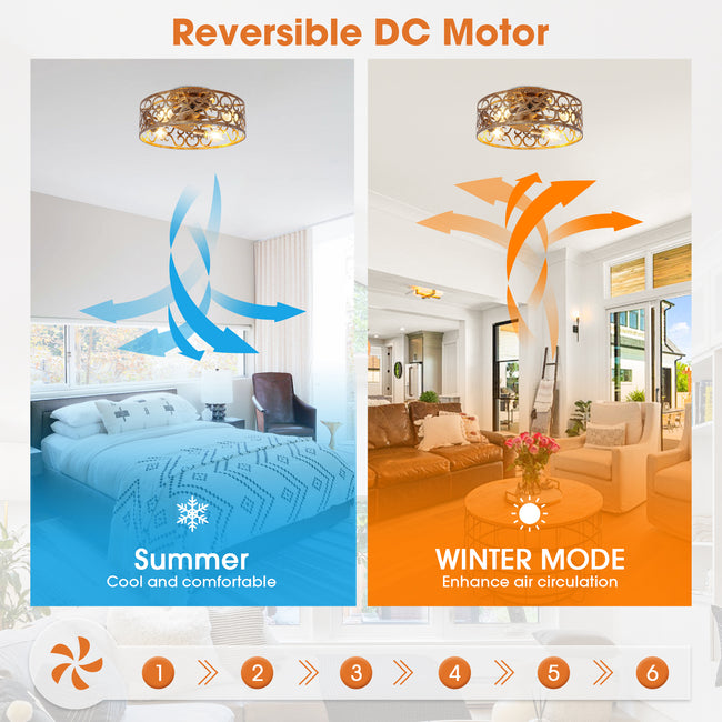 18 Inch Vintage Distressed Golden Industrial Flush Mount Ceiling Fan with Light APP and Remote Control