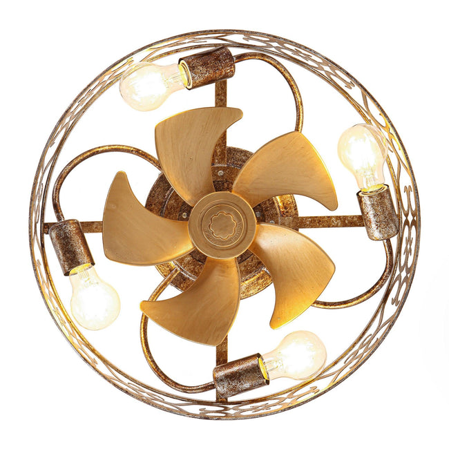 Ventilador de techo industrial dorado de 18 pulgadas con luz empotrada, aplicación y control remoto.