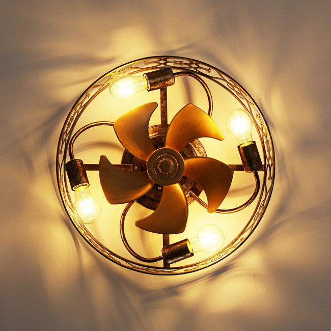Ventilador de techo industrial dorado de 18 pulgadas con luz empotrada, aplicación y control remoto.