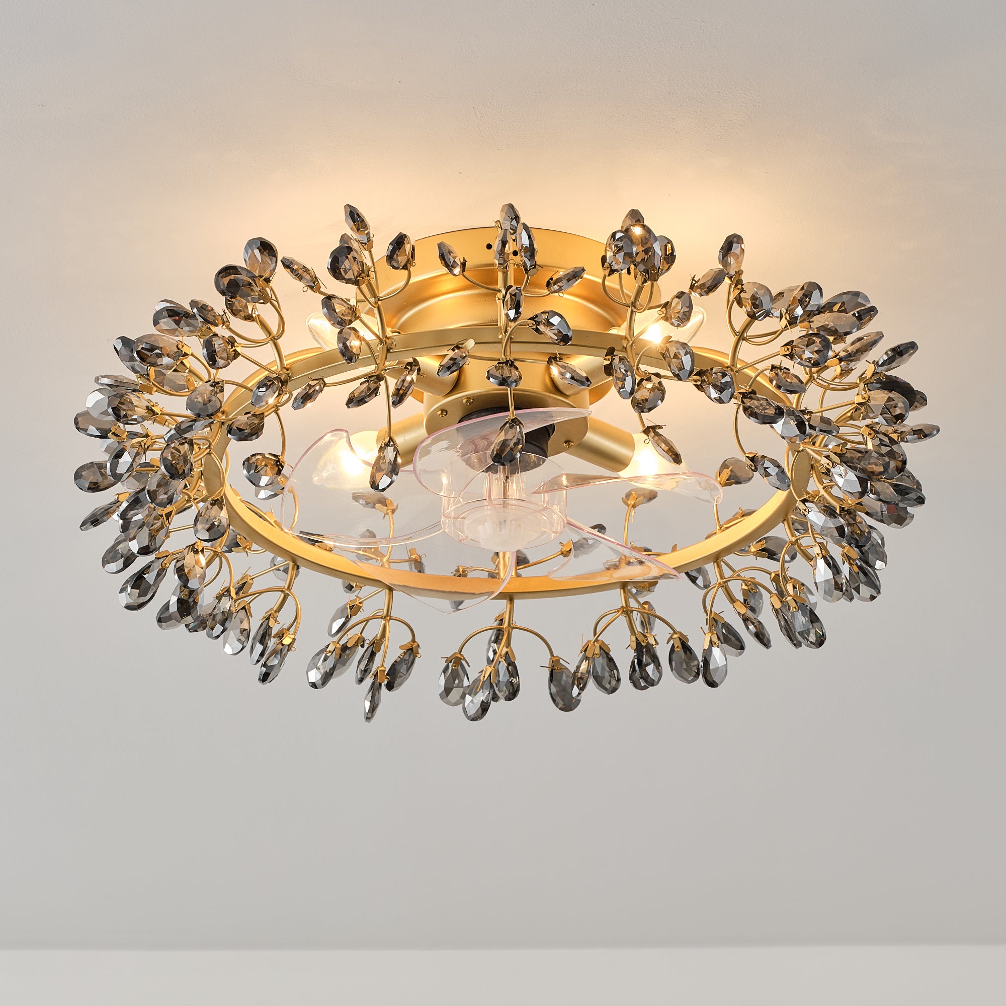 23" Clara Golden Crystal Flush Mount Ceiling Fan with Light and Remote