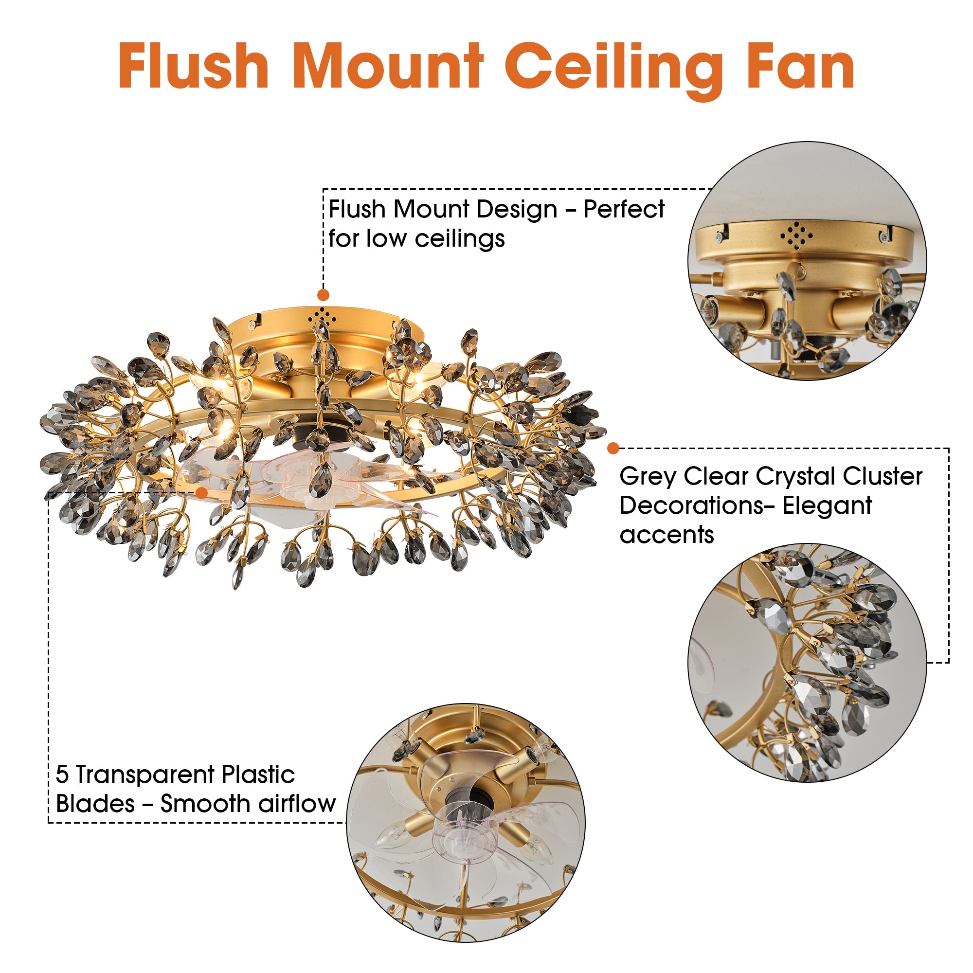 23" Clara Golden Crystal Flush Mount Ceiling Fan with Light and Remote