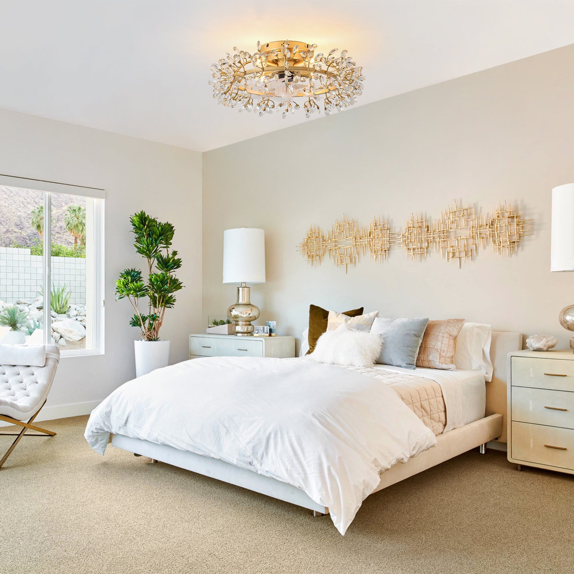 23" Clara Golden Crystal Flush Mount Ceiling Fan with Light and Remote