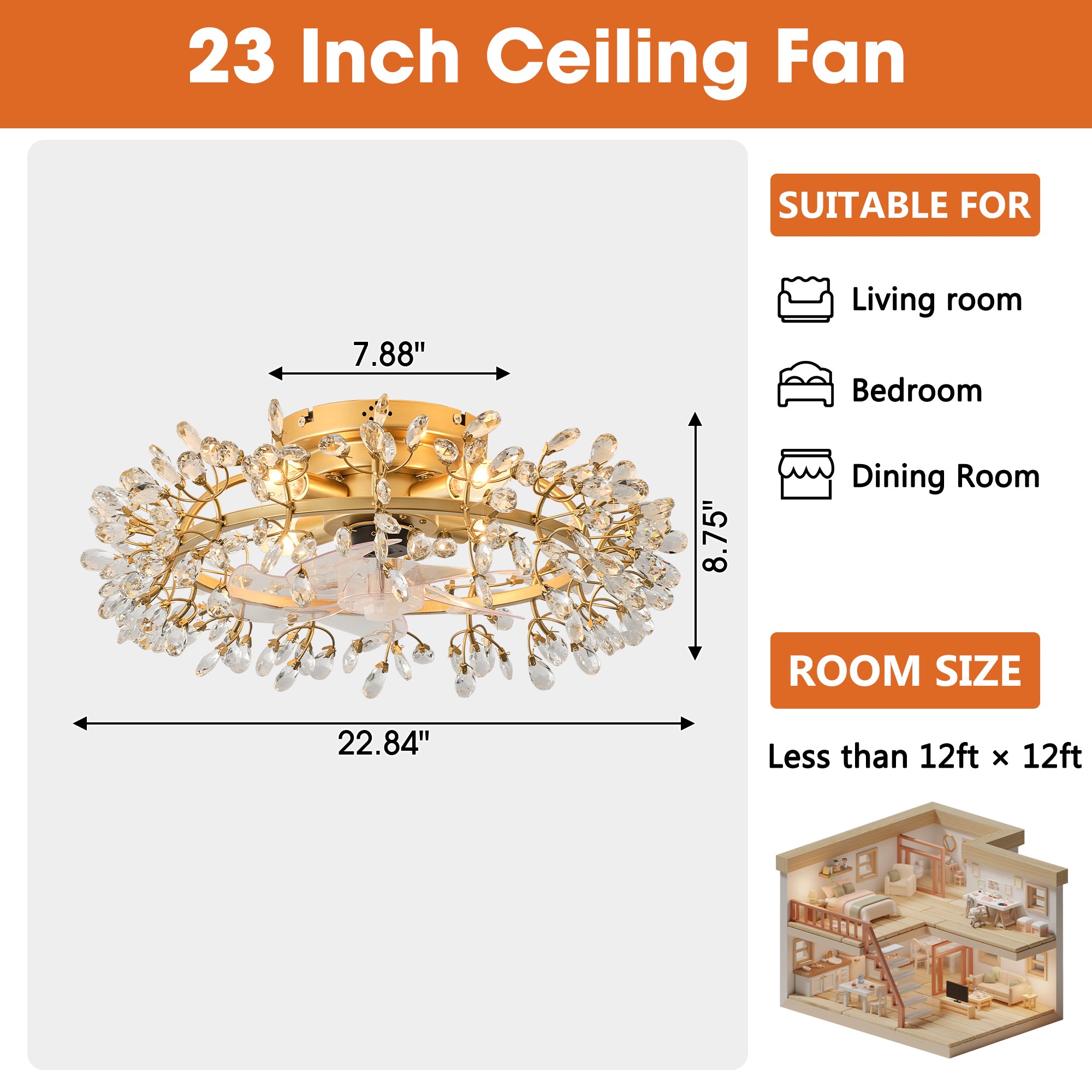 23" Clara Golden Crystal Flush Mount Ceiling Fan with Light and Remote