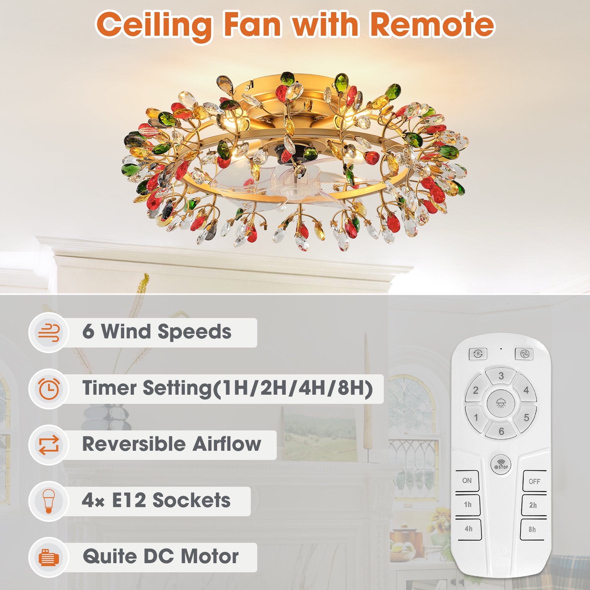 23" Clara Golden Crystal Flush Mount Ceiling Fan with Light and Remote