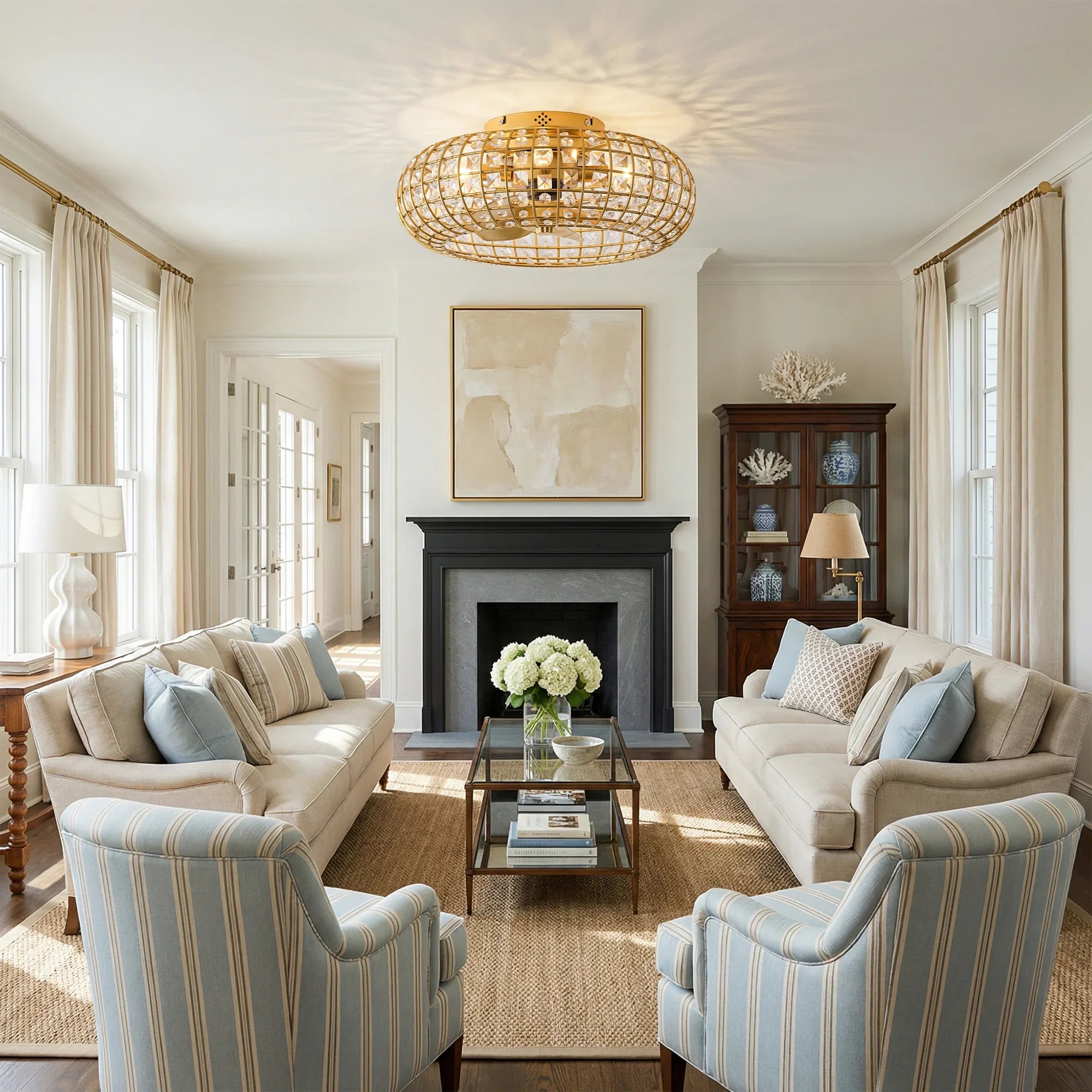 20" Lance Golden Crystal Ornament Flush Mount Ceiling Fan with Light