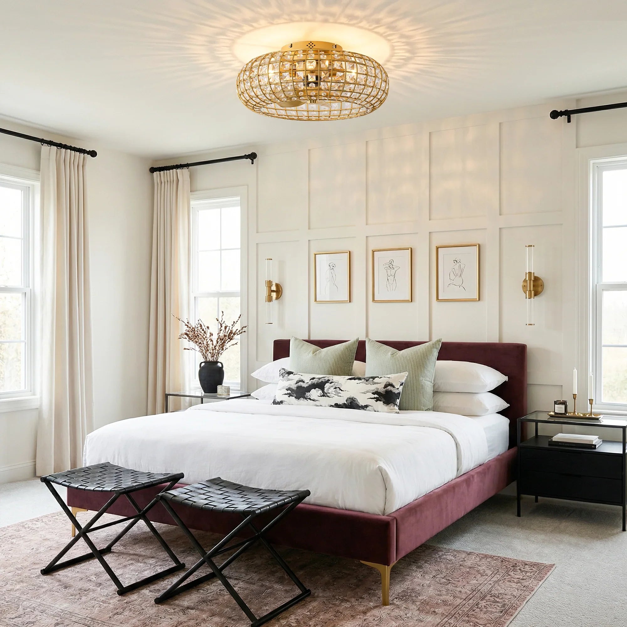 20" Lance Golden Crystal Ornament Flush Mount Ceiling Fan with Light