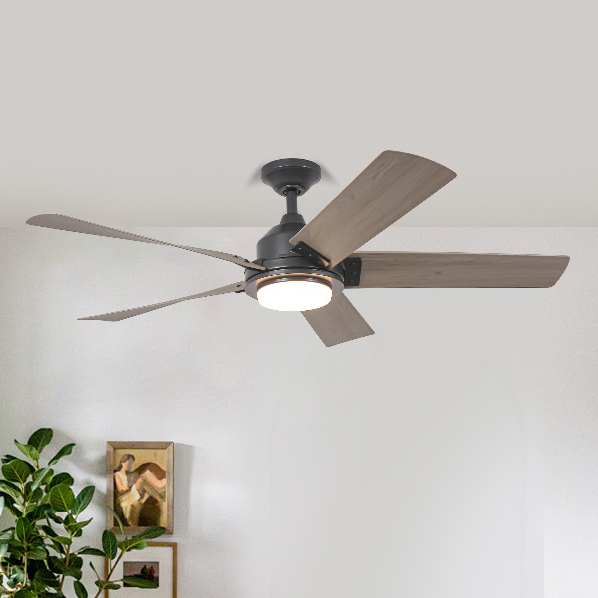 Modern ceiling fan with five grey wood-grain blades and an integrated LED light