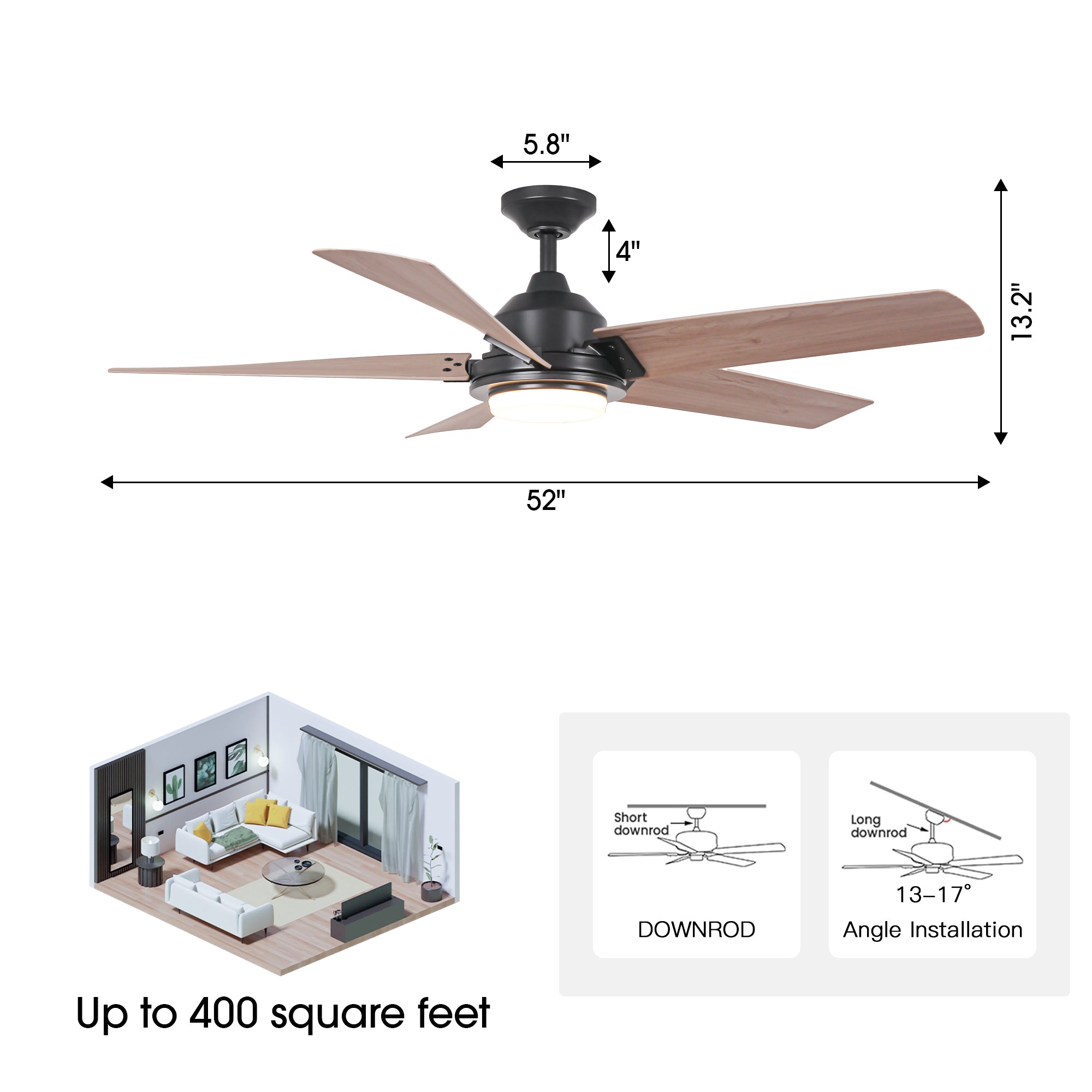 52 Inch Vita Modern Downrod Mount LED Ceiling Fan with Remote Control