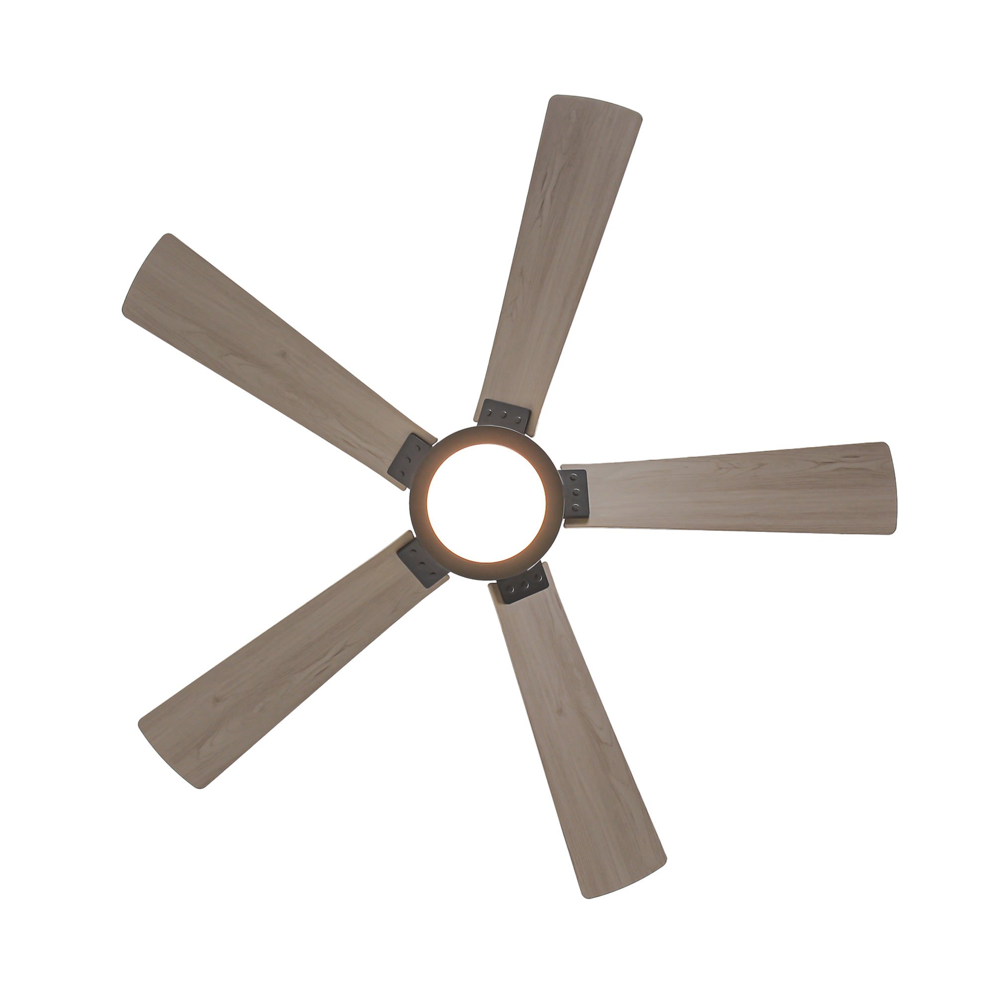 A modern five-blade wooden ceiling fan with an integrated central light fixture.