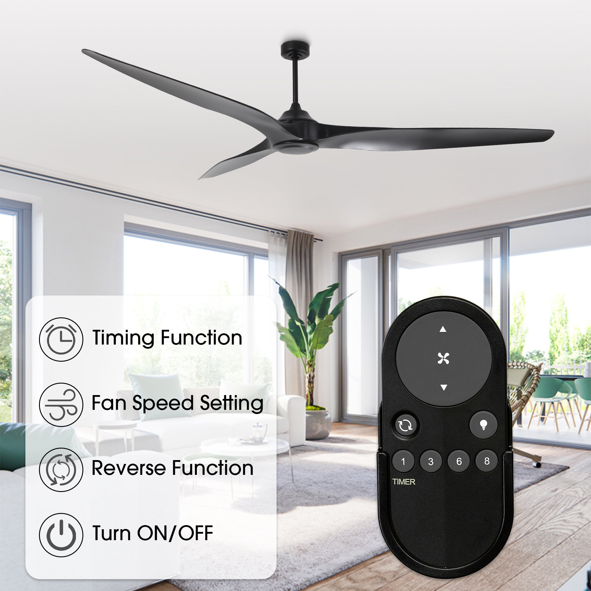 100 Inch Simon Black IP44 Outdoor Downrod Mount Ceiling Fan with Remote Control