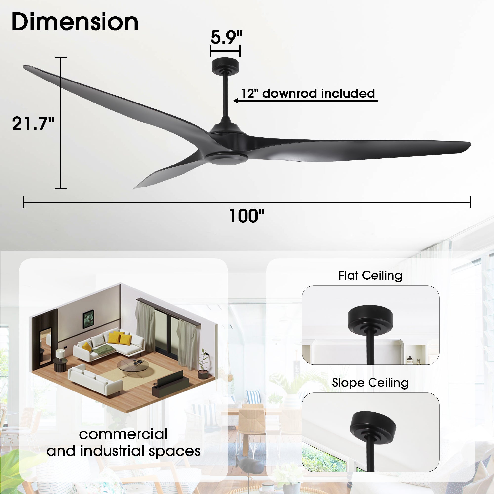 100 Inch Simon Black IP44 Outdoor Downrod Mount Ceiling Fan with Remote Control