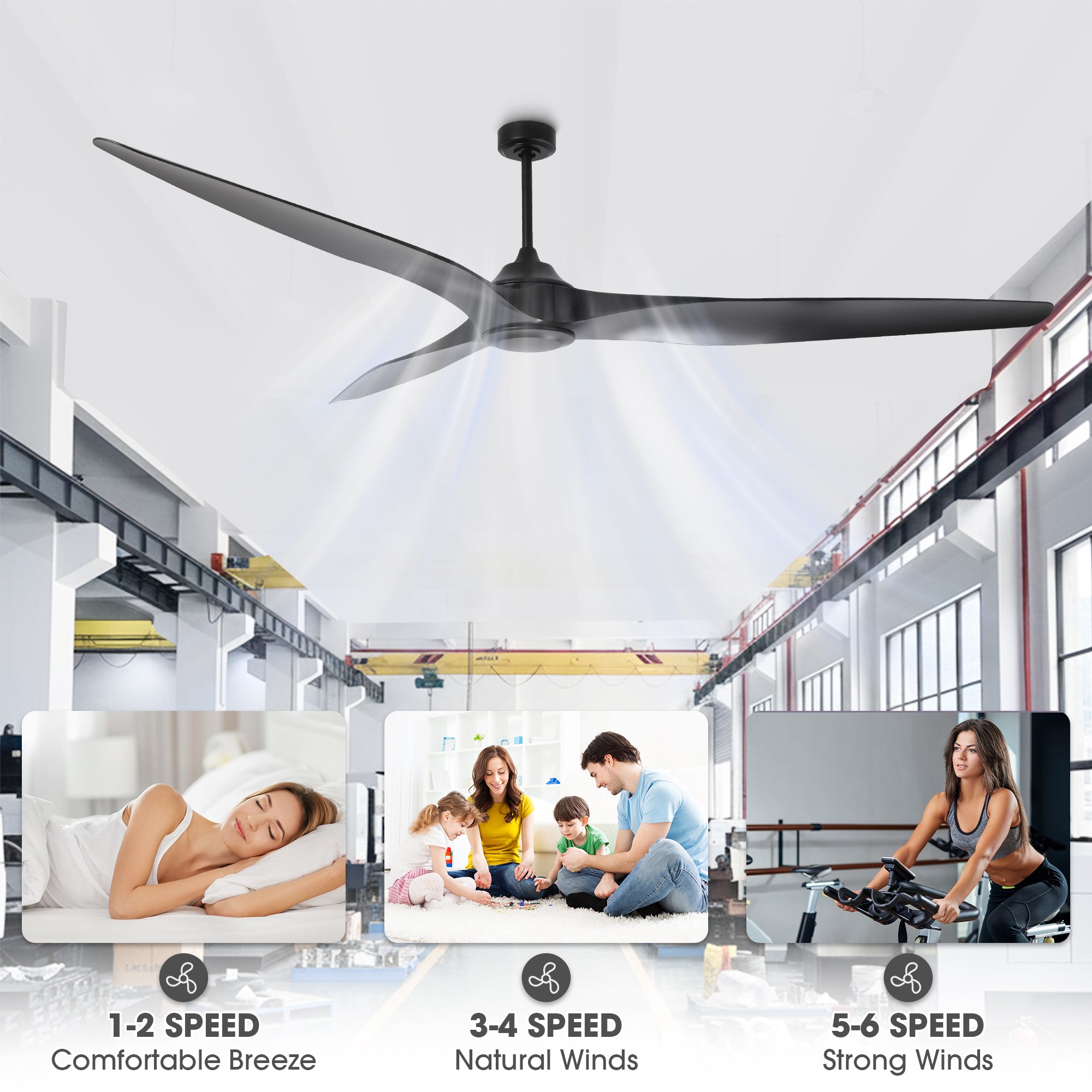 100 Inch Simon Black IP44 Outdoor Downrod Mount Ceiling Fan with Remote Control