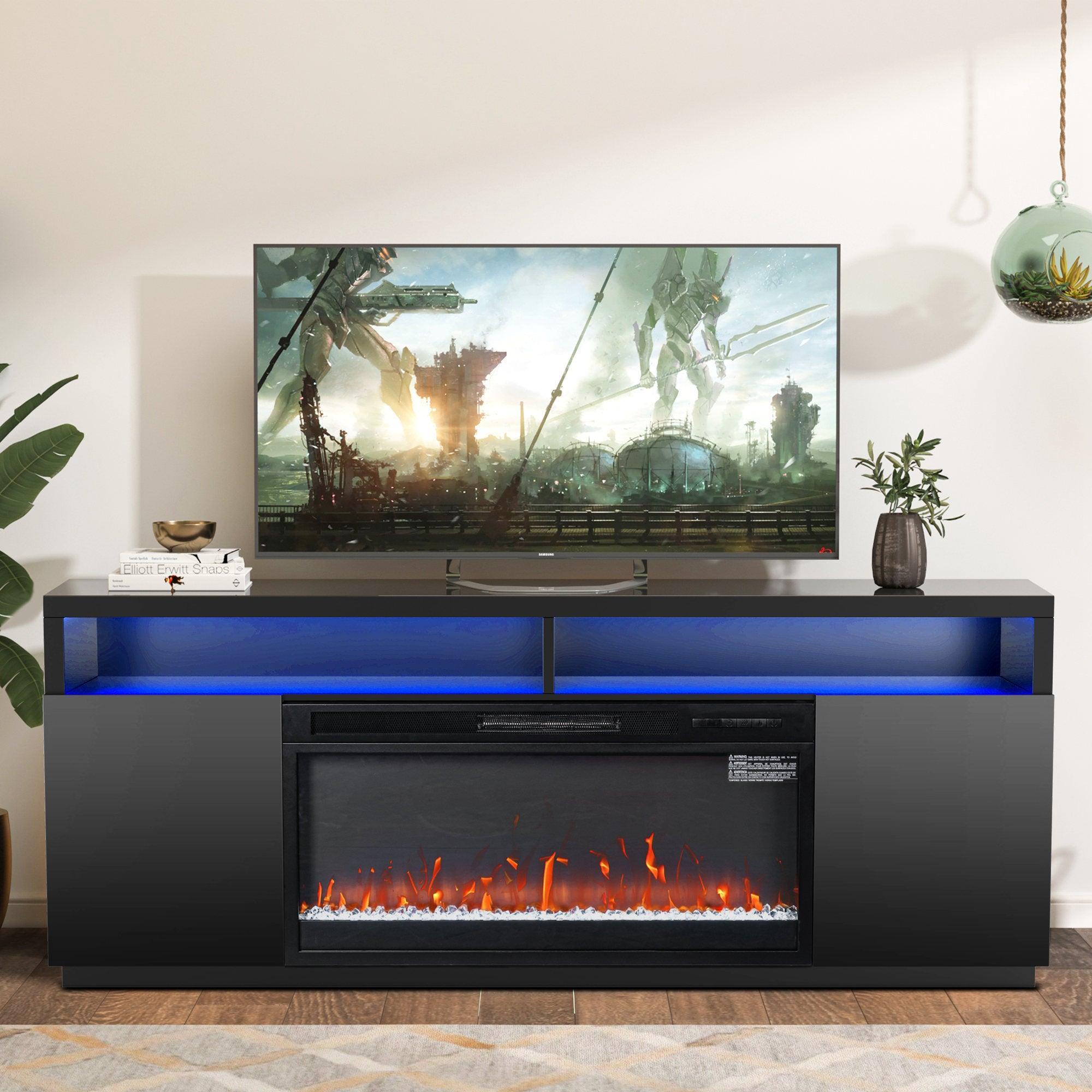 Moderno soporte para TV LED de 68" con chimenea eléctrica de 36" para sala de estar, en blanco o negro.