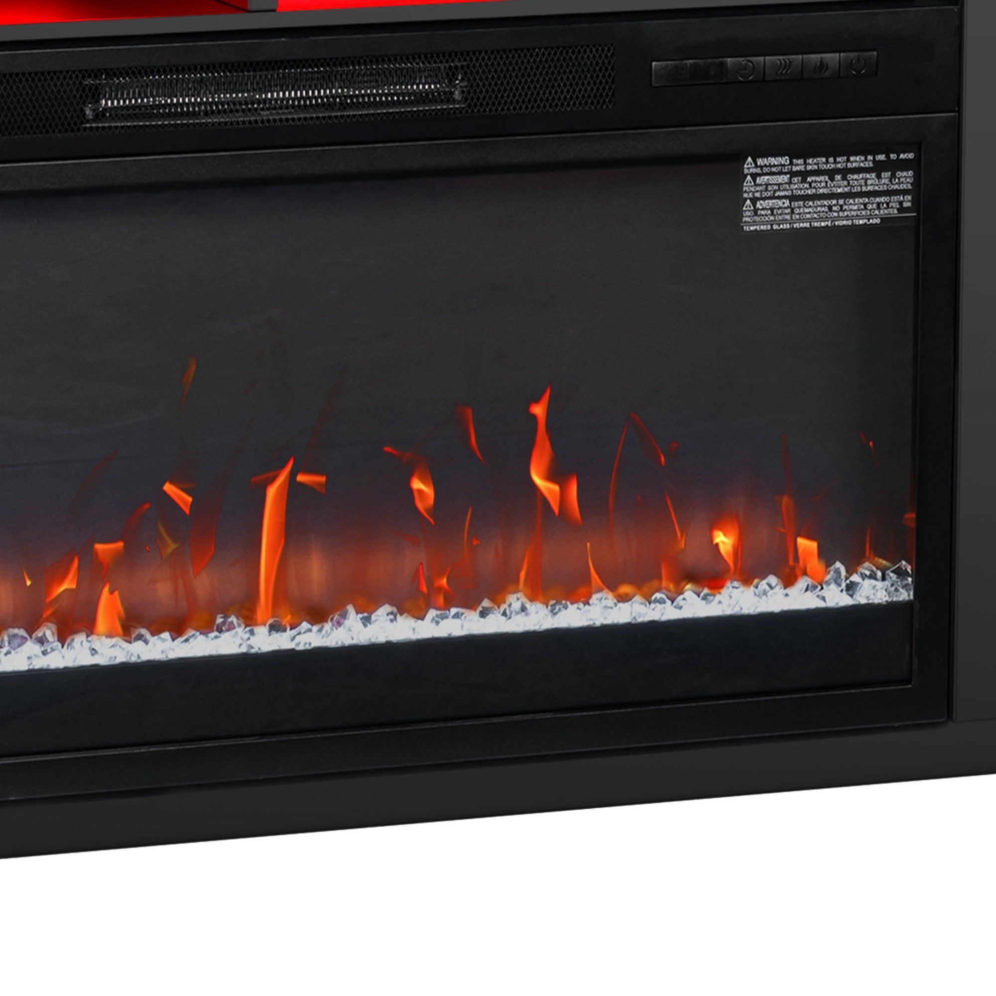 Moderno soporte para TV LED de 68" con chimenea eléctrica de 36" para sala de estar, en blanco o negro.