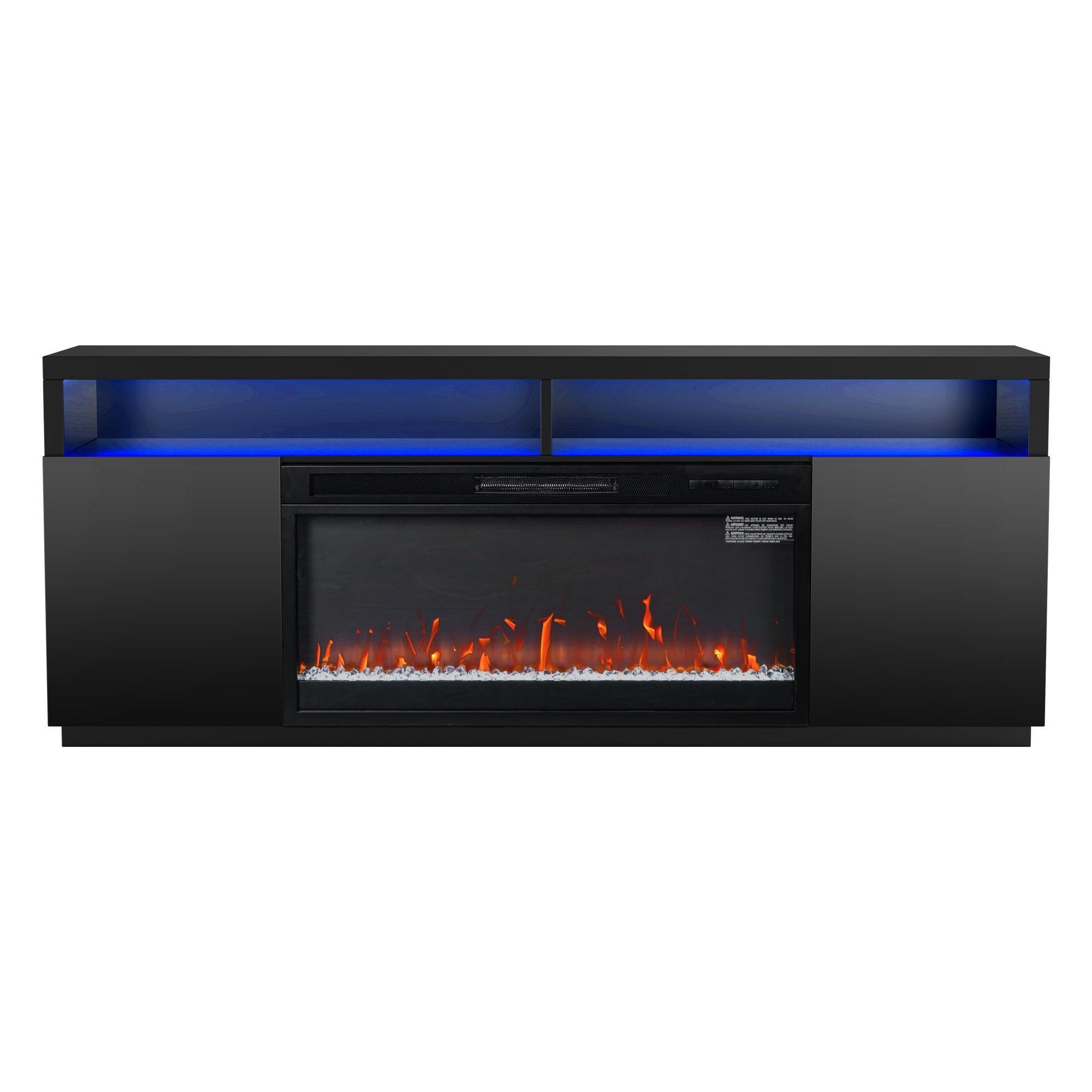 Moderno soporte para TV LED de 68" con chimenea eléctrica de 36" para sala de estar, en blanco o negro.