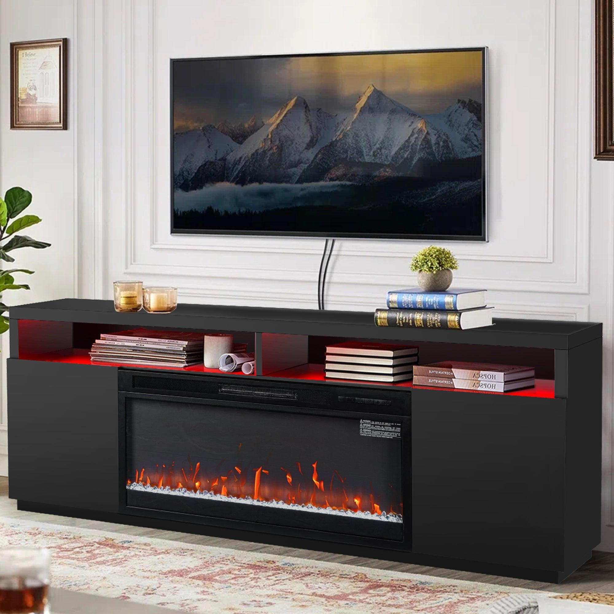 Moderno soporte para TV LED de 68" con chimenea eléctrica de 36" para sala de estar, en blanco o negro.