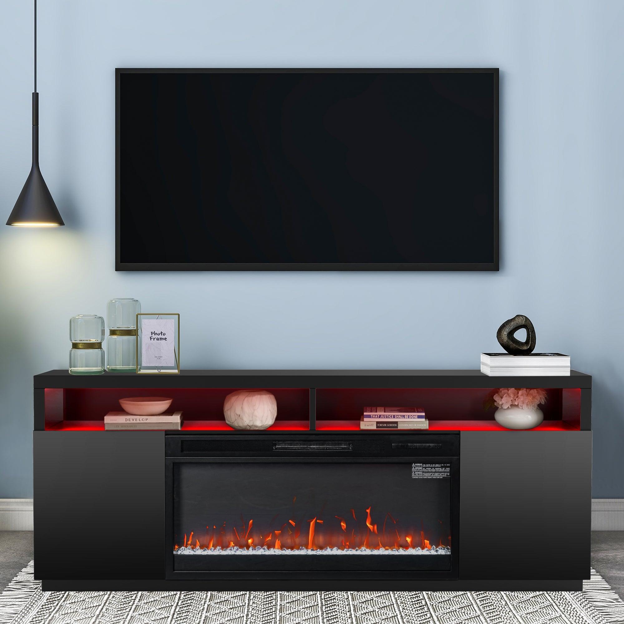Moderno soporte para TV LED de 68" con chimenea eléctrica de 36" para sala de estar, en blanco o negro.