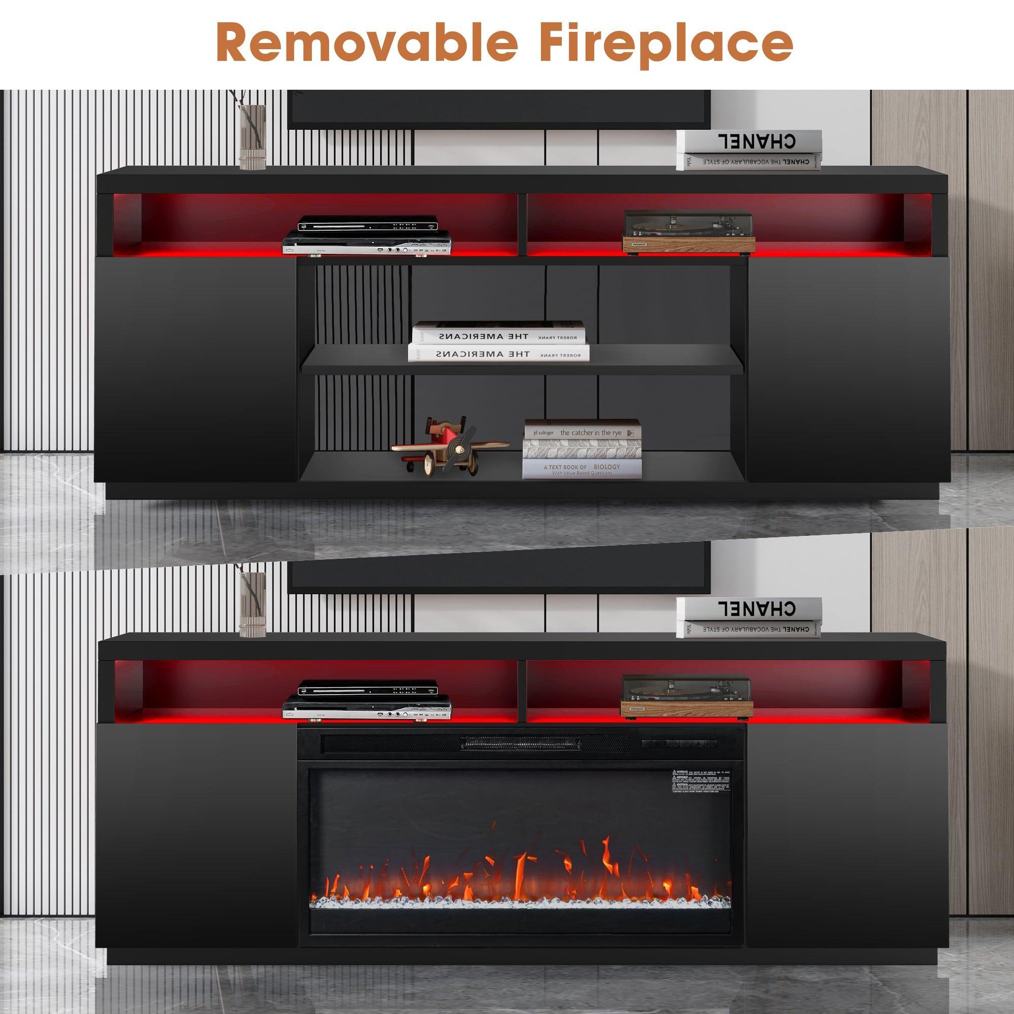 Moderno soporte para TV LED de 68" con chimenea eléctrica de 36" para sala de estar, en blanco o negro.