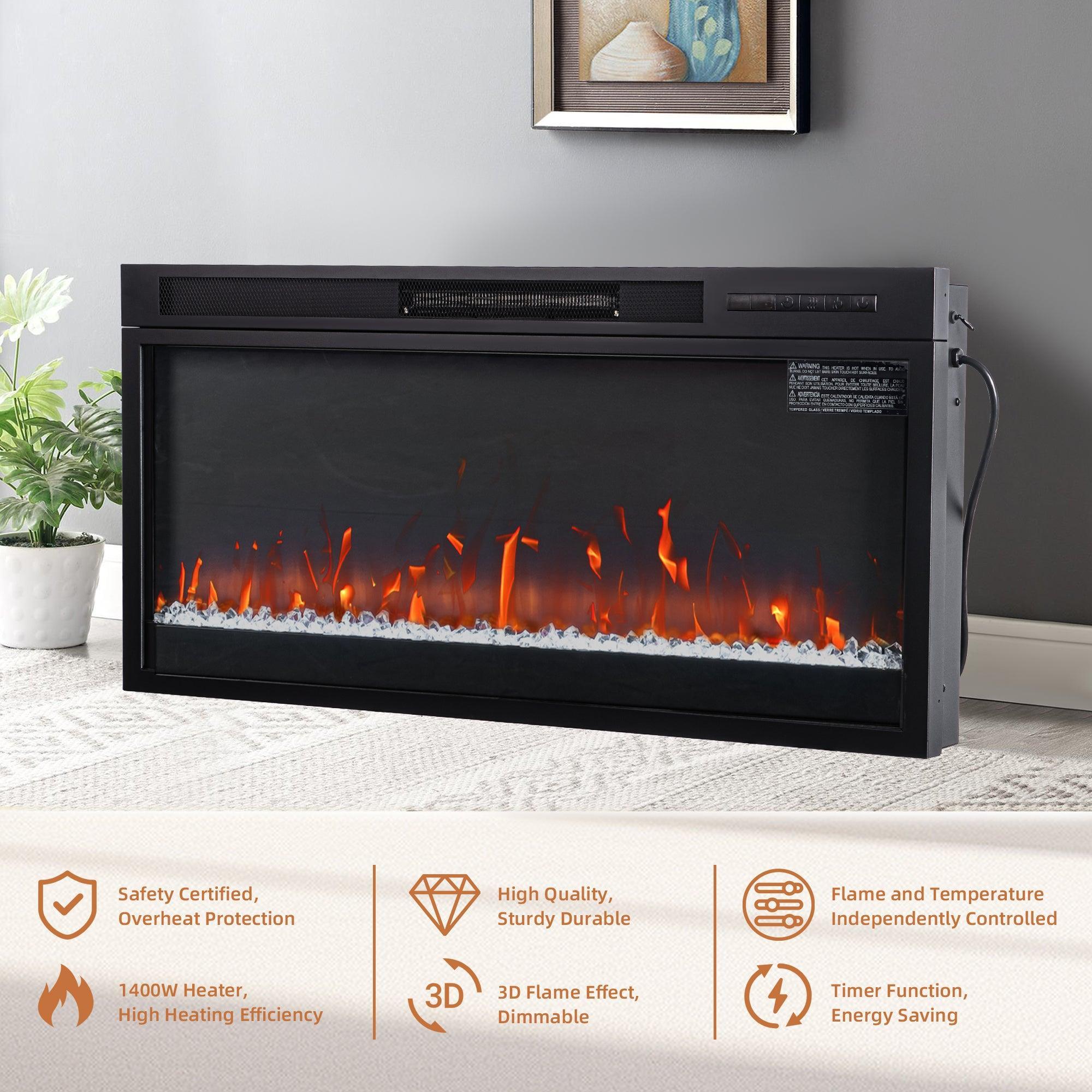 Moderno soporte para TV LED de 68" con chimenea eléctrica de 36" para sala de estar, en blanco o negro.