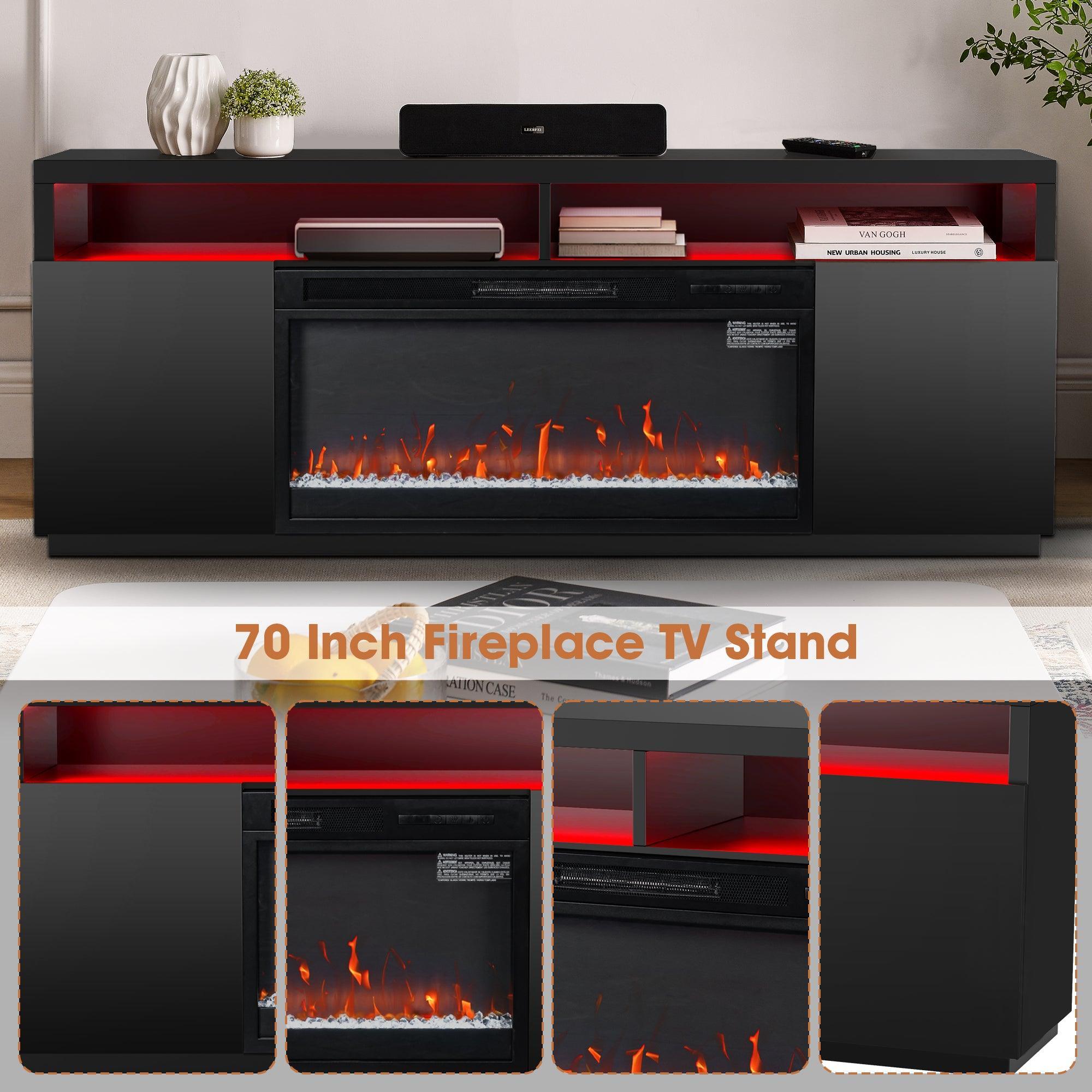 Moderno soporte para TV LED de 68" con chimenea eléctrica de 36" para sala de estar, en blanco o negro.