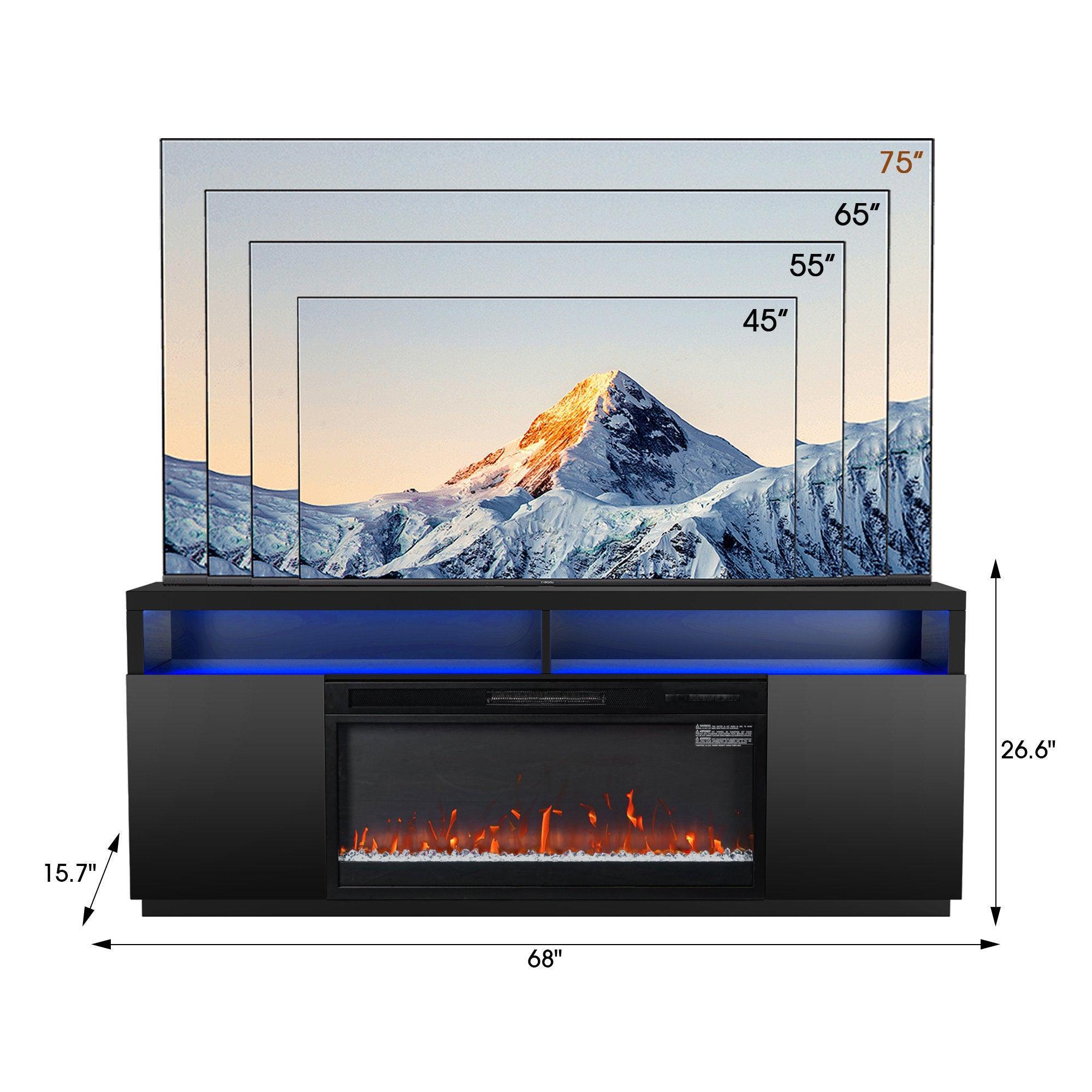 Moderno soporte para TV LED de 68" con chimenea eléctrica de 36" para sala de estar, en blanco o negro.