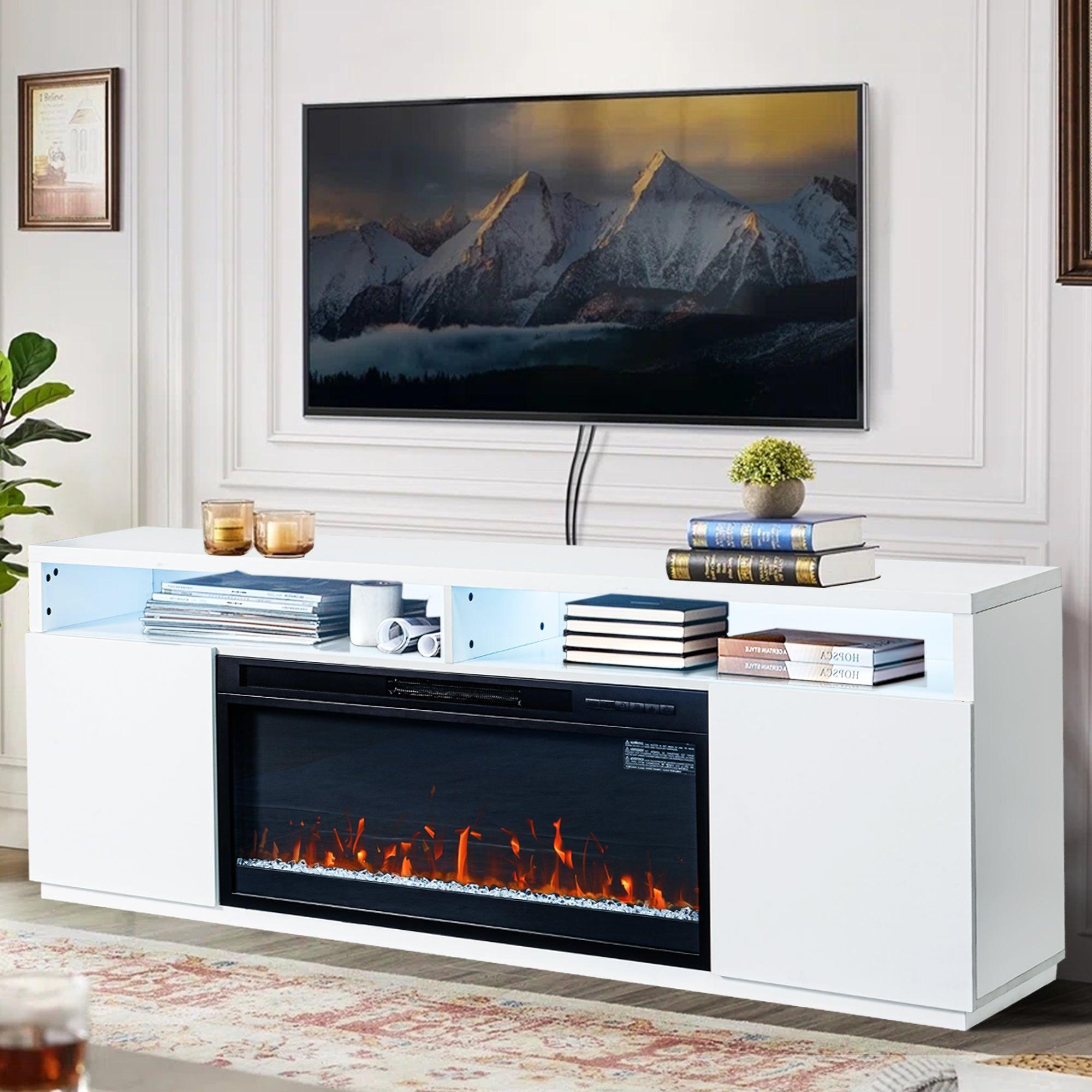 Moderno soporte para TV LED de 68" con chimenea eléctrica de 36" para sala de estar, en blanco o negro.
