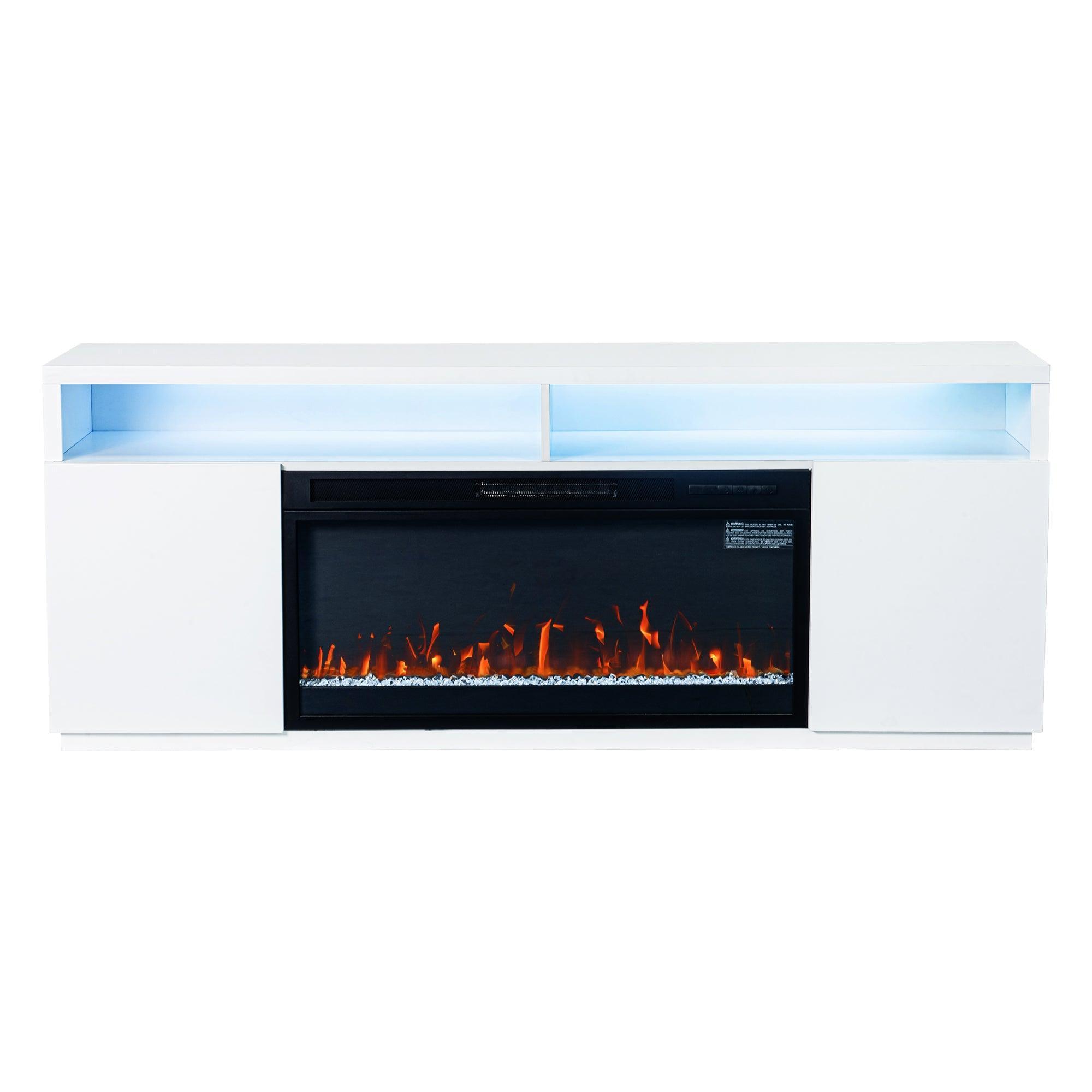 Moderno soporte para TV LED de 68" con chimenea eléctrica de 36" para sala de estar, en blanco o negro.